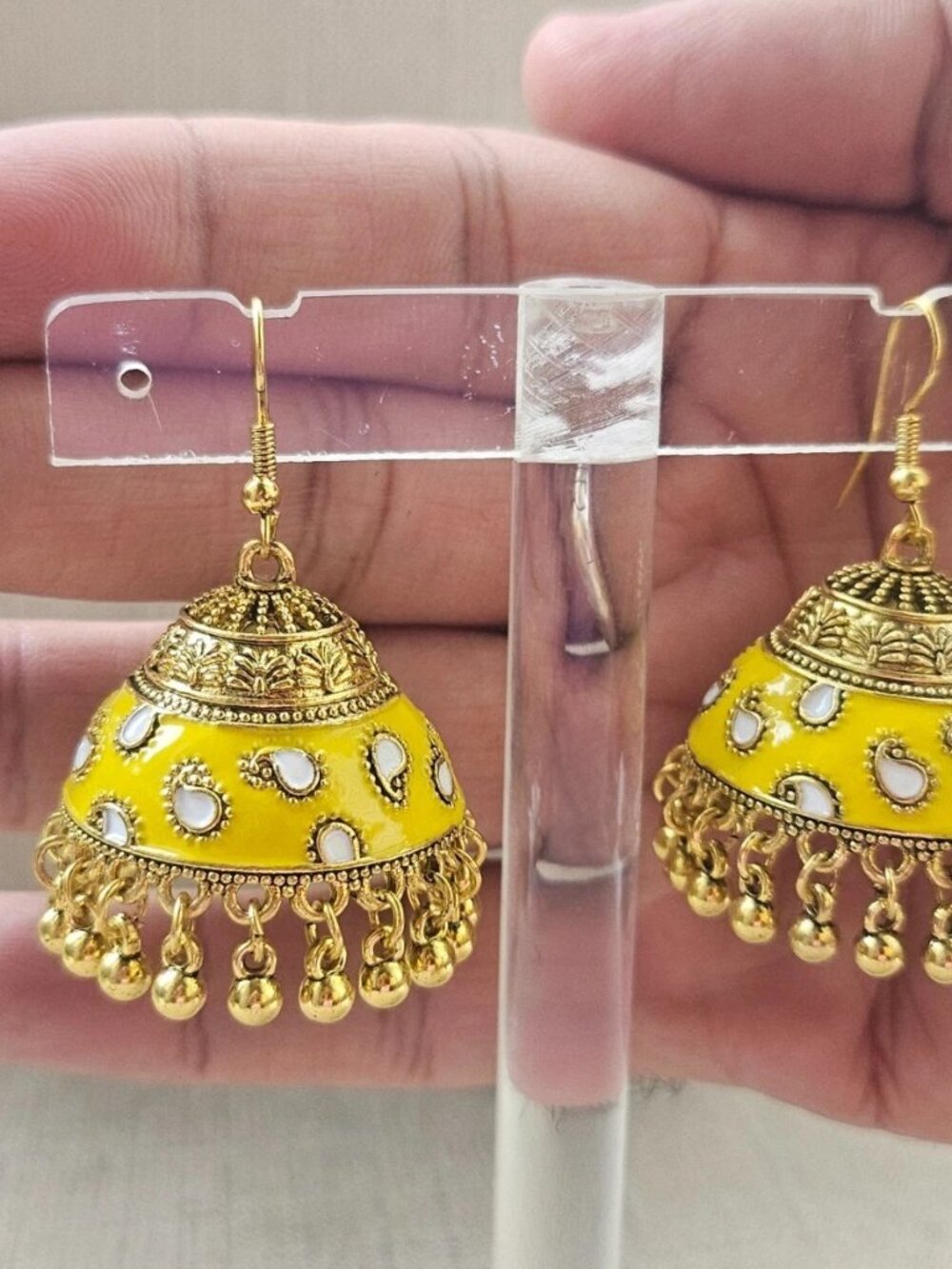 Jhumka Earrings Yellow Enamel Gold Tone Fashion Ear Jewelry Chandelier Earrings - Picture 2 of 11
